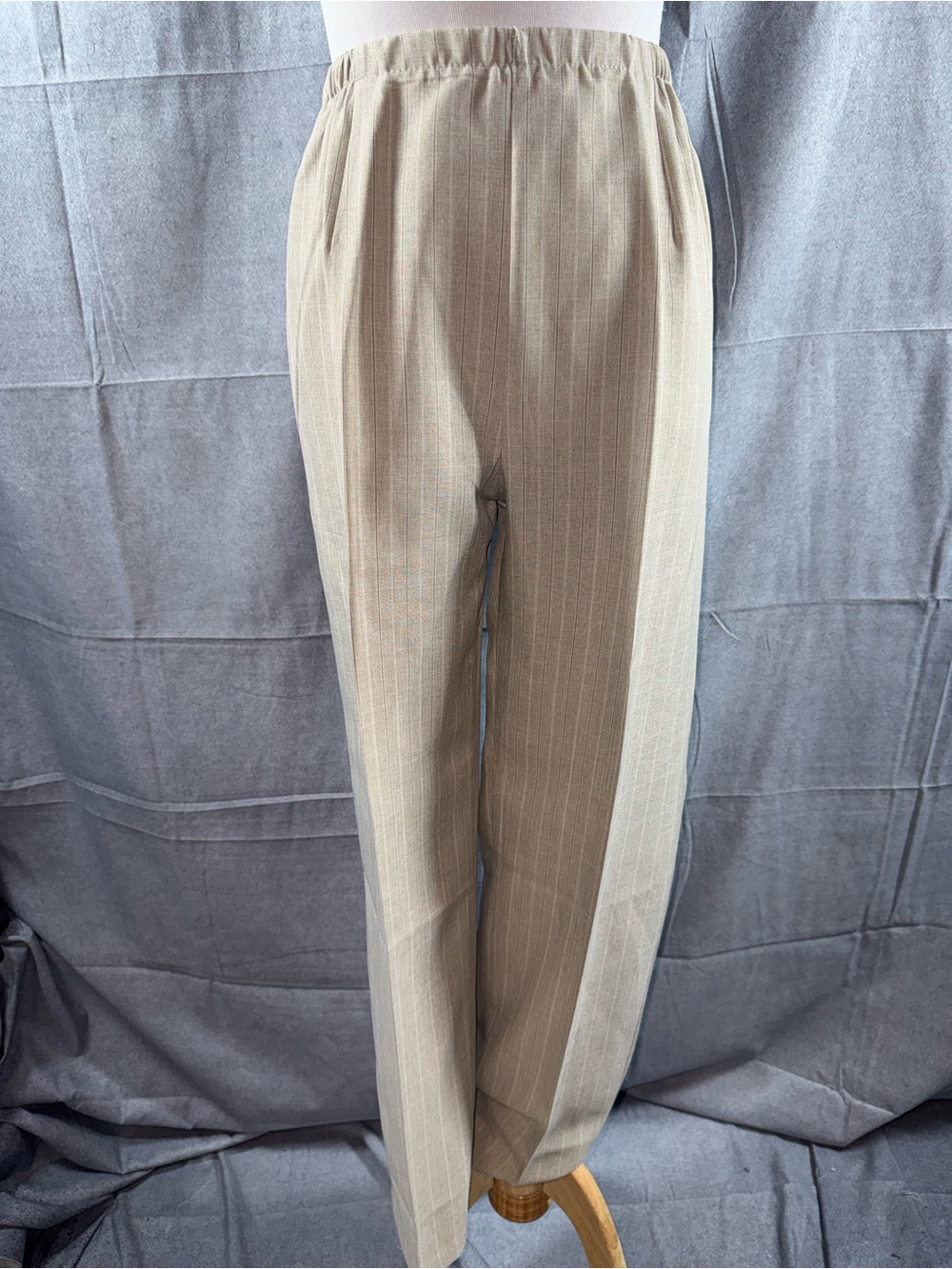 2734-Bend Over Vintage Women's Beige Pinstripe Elastic Waist Dress Pants